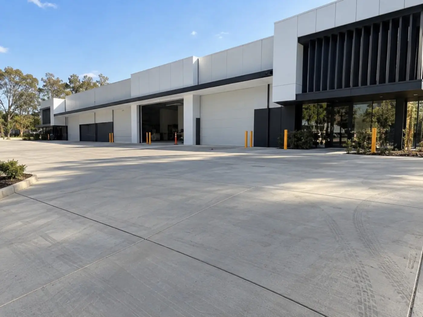 Concrete apron running along a row of warehouse roller doors
