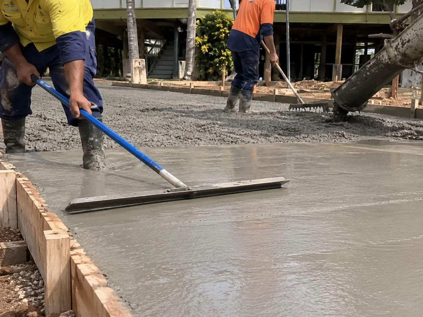 Our concreter finishing a fresh slab on a Wollongong job