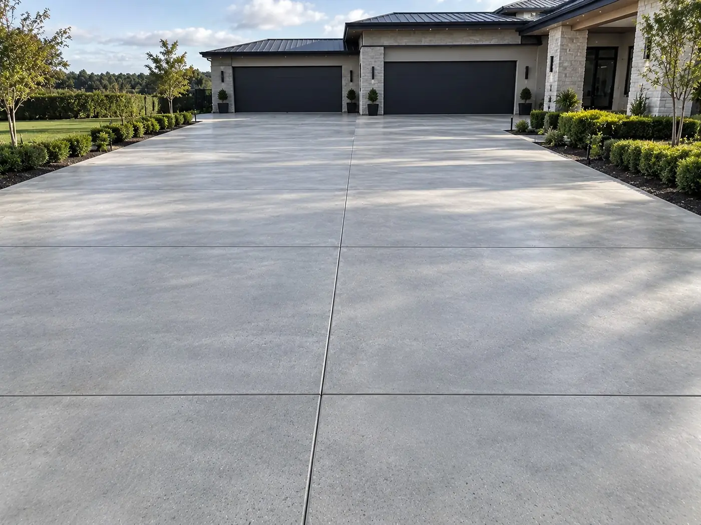 Wide resurfaced concrete driveway with neat control joints