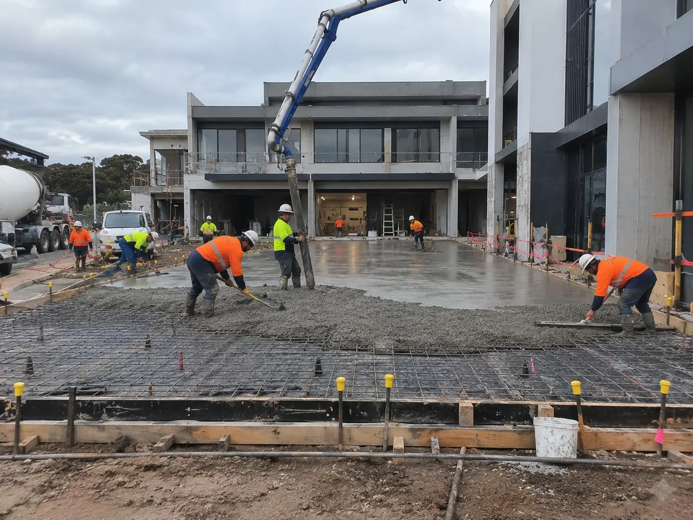 Concrete crew raking and screeding a reinforced pour in Wollongong