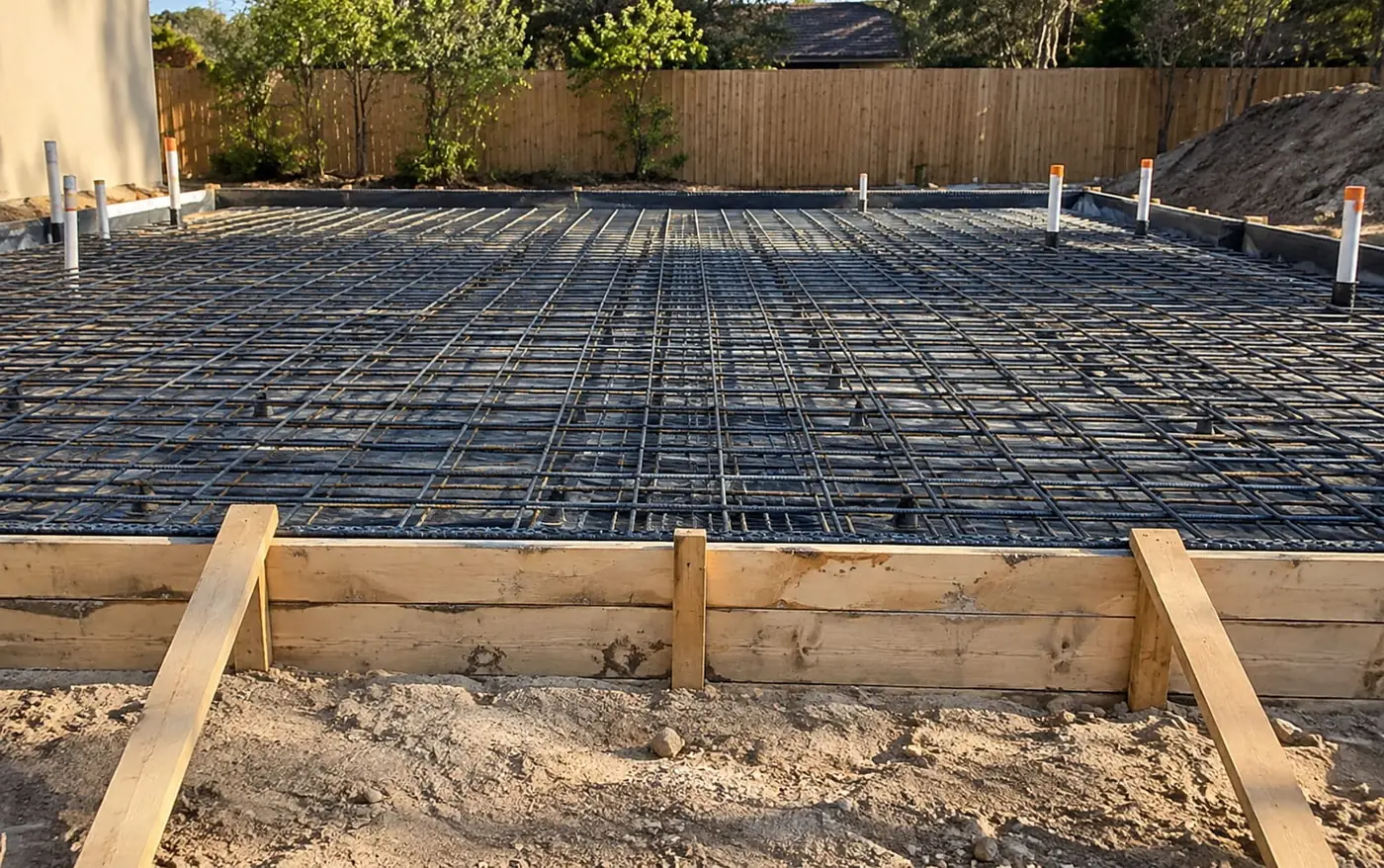 Steel reinforcement set in timber formwork ready for a slab pour