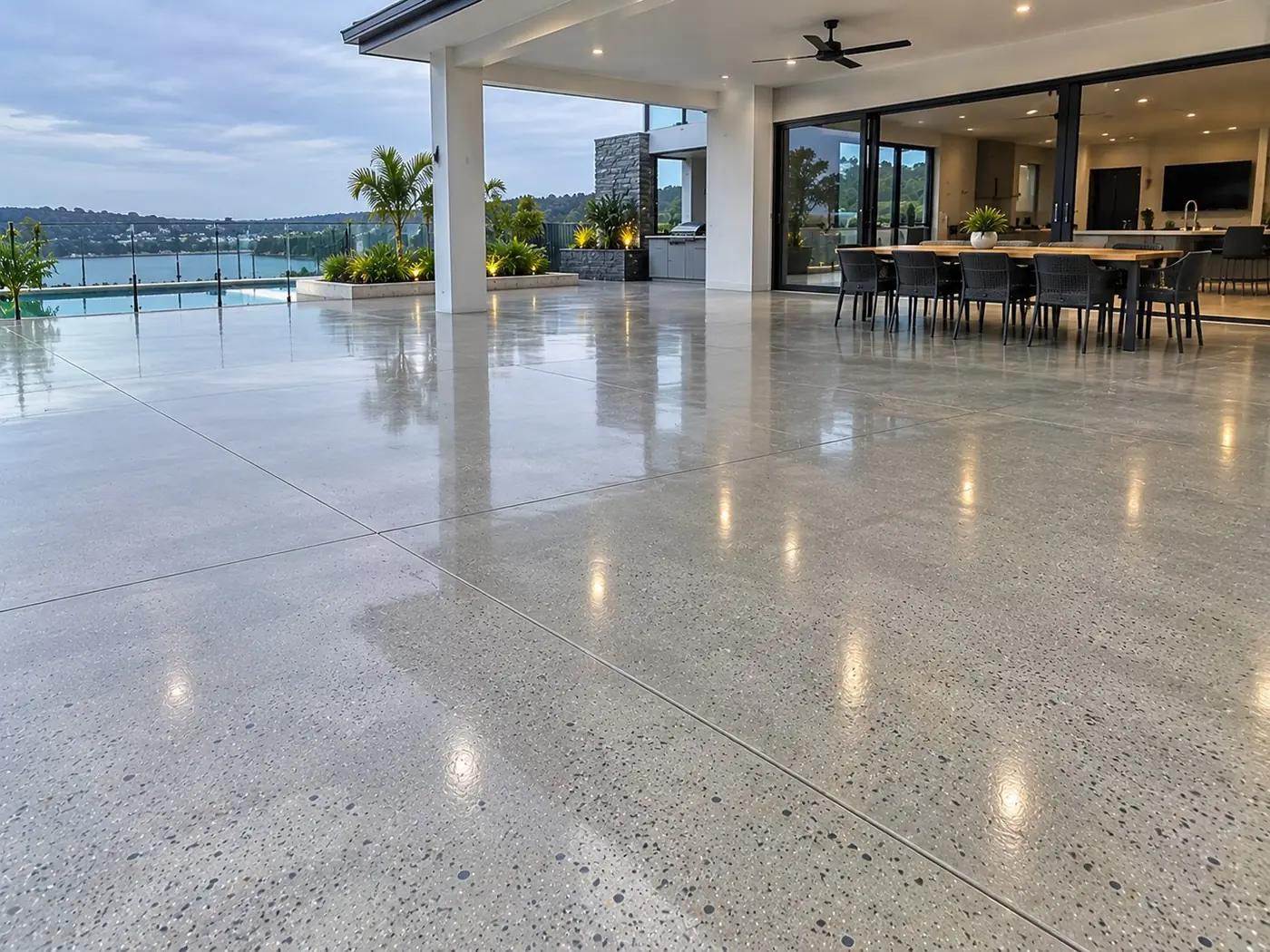 Polished concrete floor flowing from a covered alfresco area towards the water